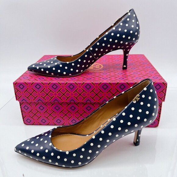 Tory Burch Penelope 65MM Polka A Dot Pointed Toe Heel Pump Blue Leather US 6 - Picture 3 of 9